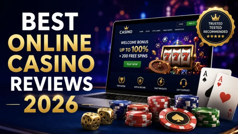 Laptop displaying a top-rated online casino website with casino chips, playing cards, dice, and a trusted review badge, representing the best online casino reviews for 2026.