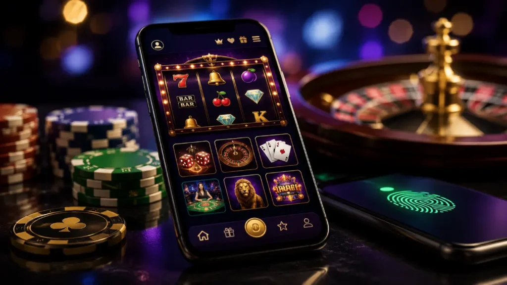 Modern smartphone displaying a premium online casino interface with casino chips, roulette wheel, and biometric fingerprint authentication, illustrating the advanced mobile casino experience in 2026.