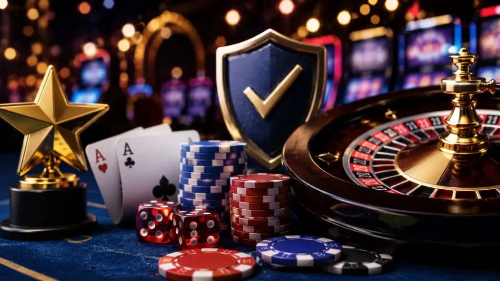 Premium online casino concept featuring a roulette wheel, poker chips, playing cards, a security shield, and a gold trophy, symbolizing the key qualities of the best online casinos in 2026.
