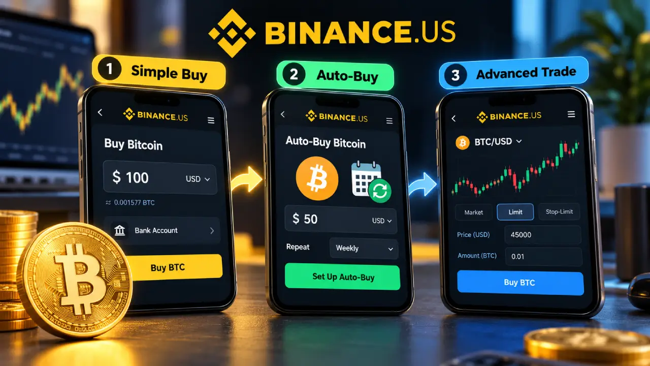 Binance.US Bitcoin buying options showing Simple Buy, Auto-Buy for recurring purchases, and Advanced Trade with BTC/USD trading.