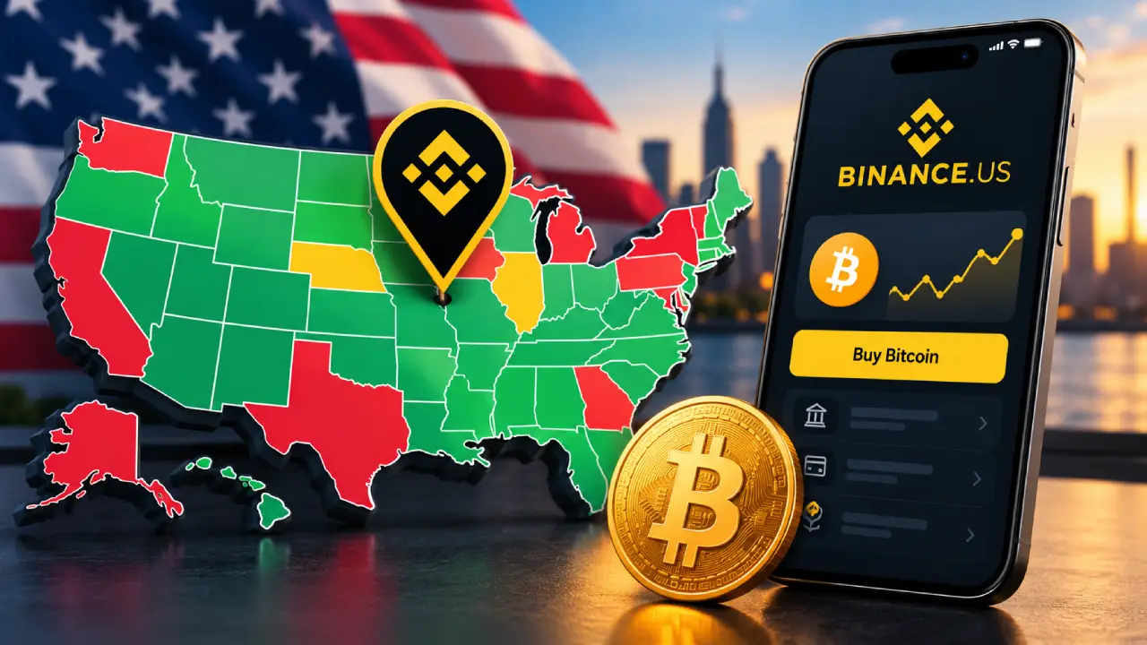 Binance.US availability map showing supported and restricted U.S. states alongside a Bitcoin coin and Binance.US mobile app.