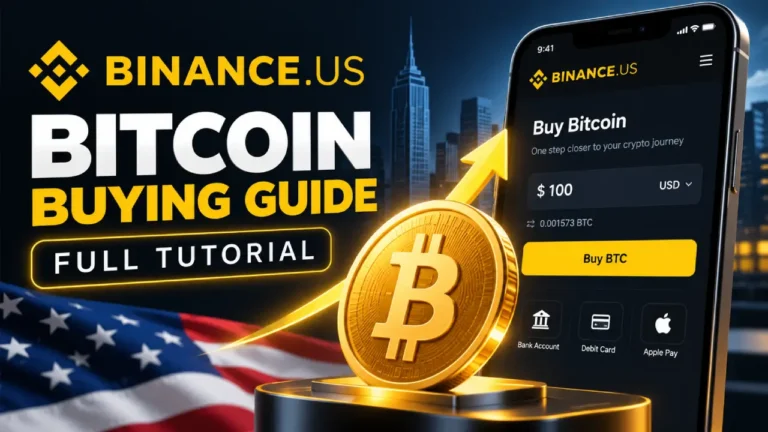Binance.US Bitcoin buying guide showing a smartphone purchase screen, Bitcoin coin, and step-by-step tutorial concept.
