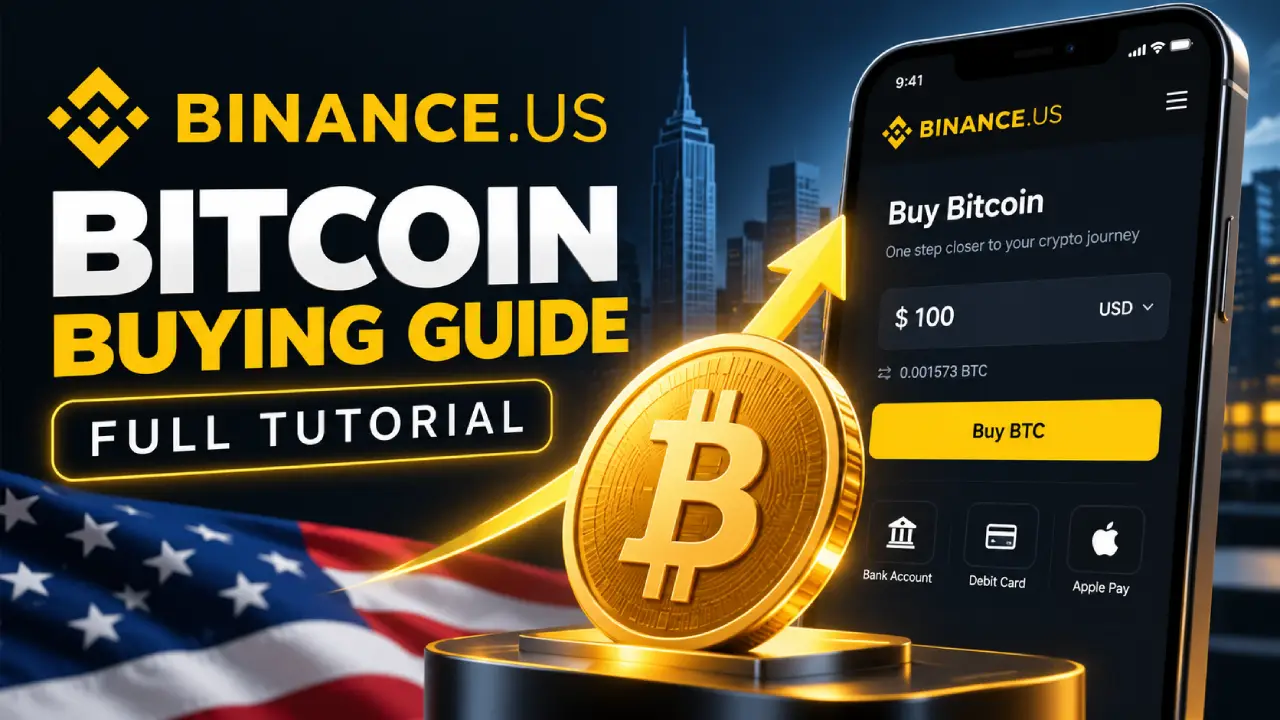 Binance.US Bitcoin buying guide showing a smartphone purchase screen, Bitcoin coin, and step-by-step tutorial concept.