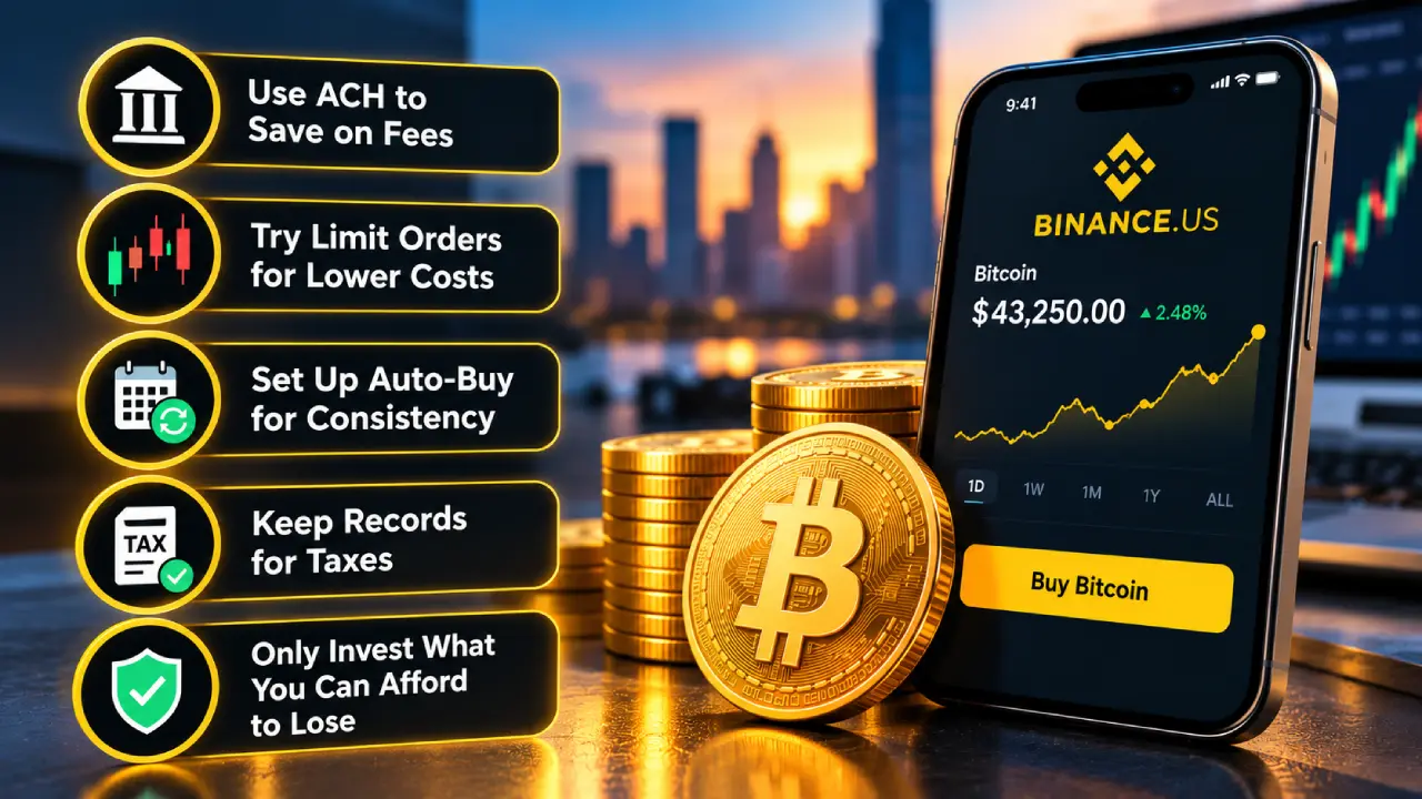Binance.US Bitcoin buying tips covering ACH payments, limit orders, Auto-Buy, tax records, and responsible investing.