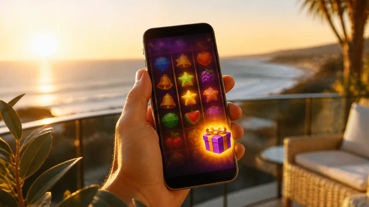 Hand holding a phone with pokies signup pages on a sunny balcony